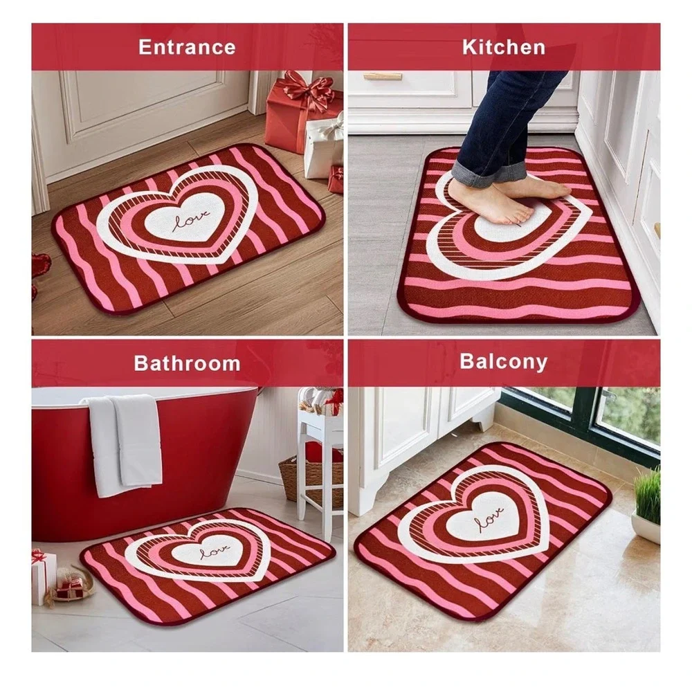 Valentines Day‎ Heart Love Floor Mat Red Pink Striped Rubber Backing Rug 17x29